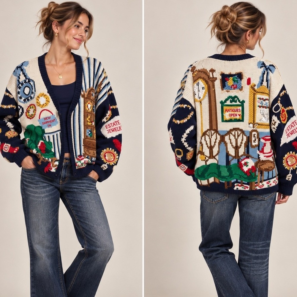 Vintage 1994 Eagles Eye Hand Knit Antiques Jewelry Cardigan Sweater Storybook XL